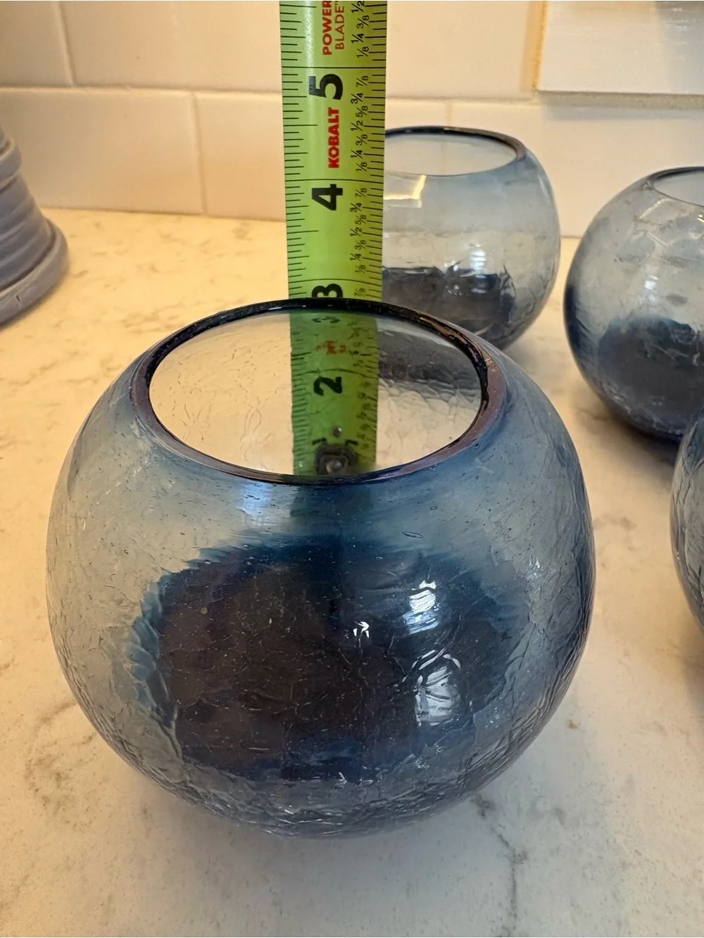 Set of 4 Blue Crackle Glass Votive Holders